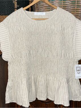 Shipwreck Ltd. Cream Smocked Peplum Blouse Subtle Stripes and scalloped sleeves